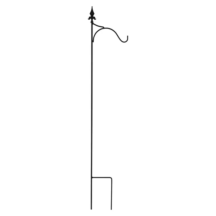 Gartendeko Schäferstab Gila - Höhe: 180 cm, Schwarz-Metallic, Stahl - Ein schlanker, schwarzer Gartenfahnenständer mit dekorativer Spitze und Haken, ideal für die Präsentation von Gartenflaggen.