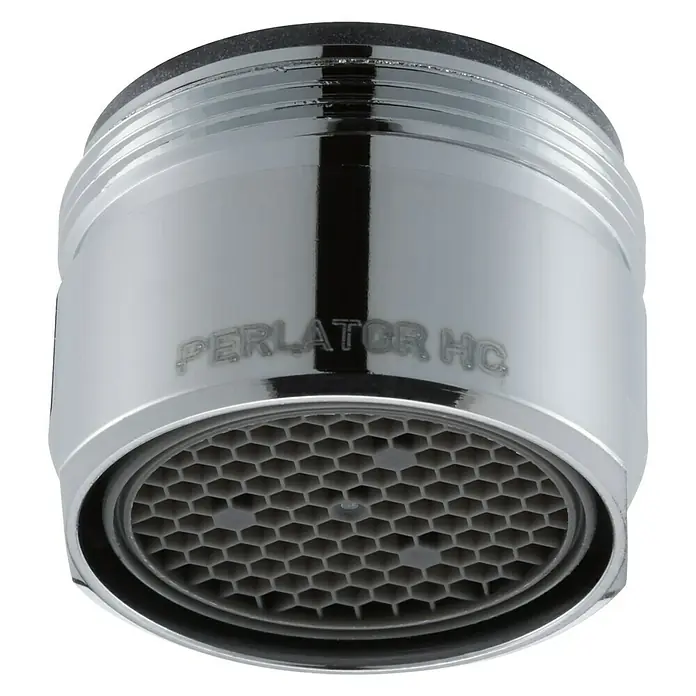 Neoperl Strahlregler - M28, 1 Stk., 30 l/min - Nahaufnahme eines PERLATOR HC Wasserhahn-Luftsprudlers mit Chromoberfläche und sechseckigem Muster für Wasserhähne.