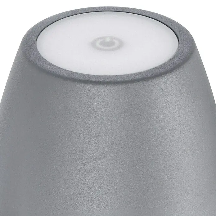 Lavida Akku-Tischleuchte Silea - 3,3 W, Anthrazit, Lichtfarbe: RGBW - Nahaufnahme einer grauen Aromadiffusor-Lampe mit einem runden, weißen Knopf mit dem Power-Symbol auf der Oberseite.