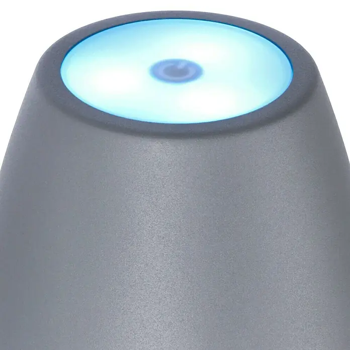 Lavida Akku-Tischleuchte Silea - 3,3 W, Anthrazit, Lichtfarbe: RGBW - Nahaufnahme eines grauen Aroma-Diffusers mit blauem Lichteffekt.