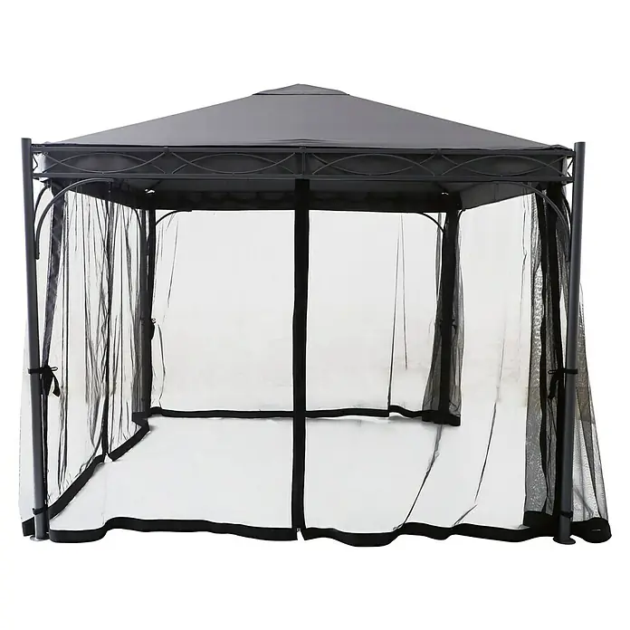 Sunfun Menorca Moskitonetz - Passend für Sunfun Pavillon Menorca - Hier ist ein elegantes graues Gartenpavillon mit einem Moskitonetz, das sich ideal für entspannte Stunden im Freien eignet.
