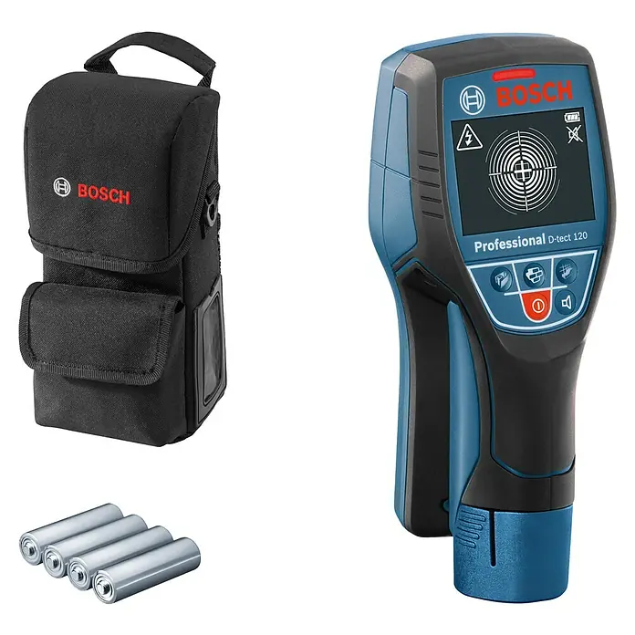 Bosch Professional Ortungsgerät D-Tect 120 - Ohne Akku, Erfassungstiefe: Max. 38 mm Holzunterkonstruktionen - Bosch D-tect 120 Professional Ortungsgerät mit Tasche und Batterien für präzise Wandscans. Zuverlässige Detektion verschiedener Materialien.