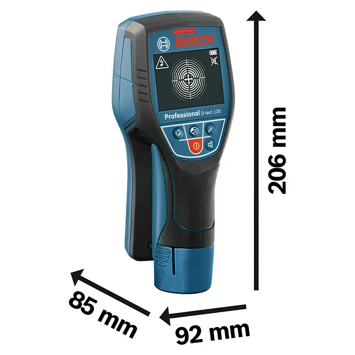 Bosch Professional Ortungsgerät D-Tect 120 - Ohne Akku, Erfassungstiefe: Max. 38 mm Holzunterkonstruktionen - Bild eines Bosch D-tect 120 Professional Ortungsgerät mit Größenangaben.