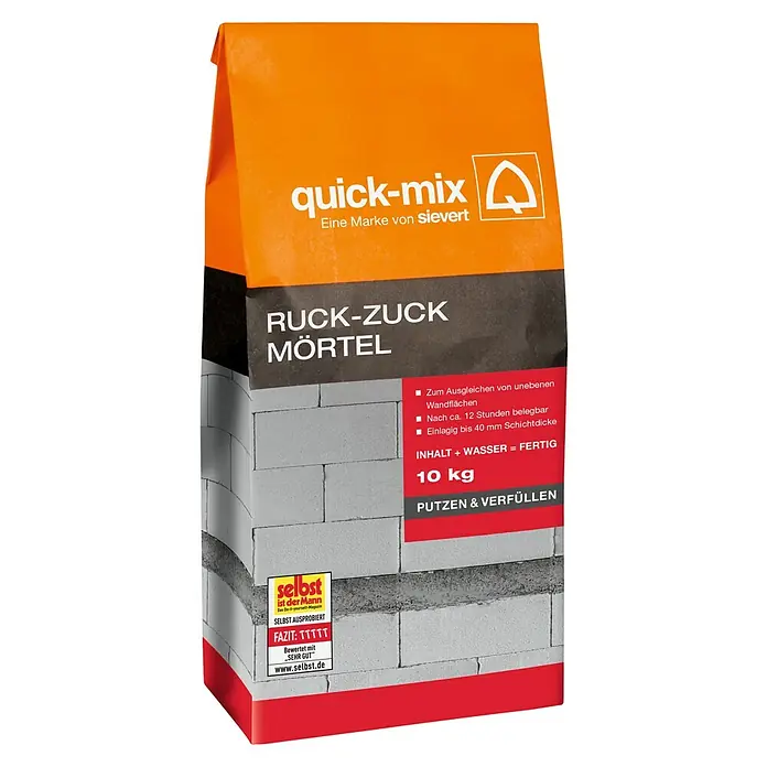 Quick-Mix Kalkzementputz Ruck Zuck Mörtel - 10 kg - Bild einer Packung Quick-Mix Ruck-Zuck Mörtel, einer schnell trocknenden Fertigmischung zum Verputzen und Füllen.