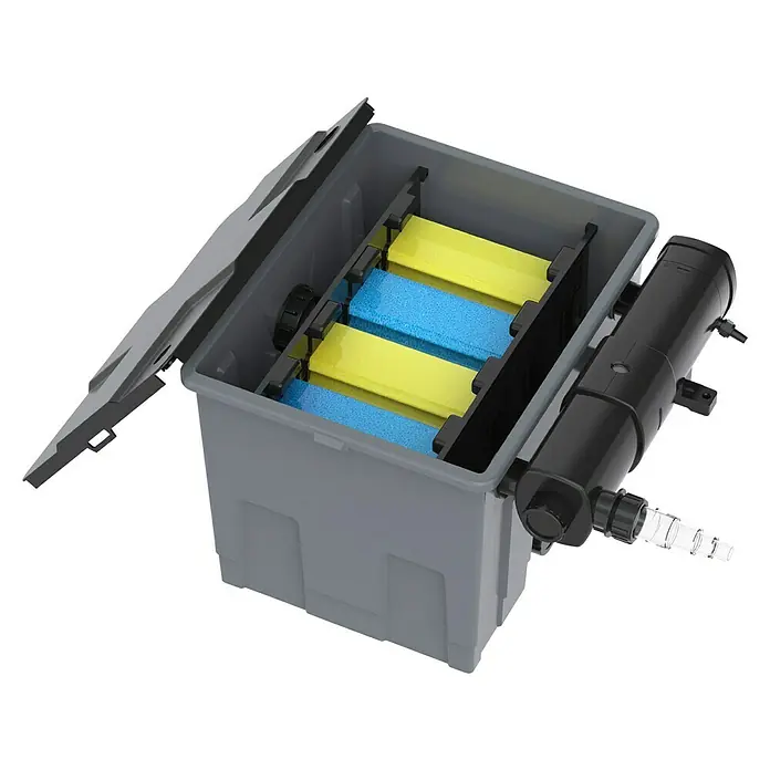 Heissner Durchlauffilter-Set FPU 16000 Eco - Teichgröße: 16 m³ - Ein offener Teichfilter mit UV-Lampe, der blaue und gelbe Filterschwämme enthält.