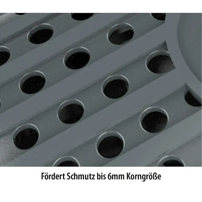 Heissner Durchlauffilter-Set FPU 16000 Eco - Teichgröße: 16 m³ - Detailansicht eines grauen Schmutzfanggitters mit runden Öffnungen. Fördert Schmutz bis 6mm Korngröße.