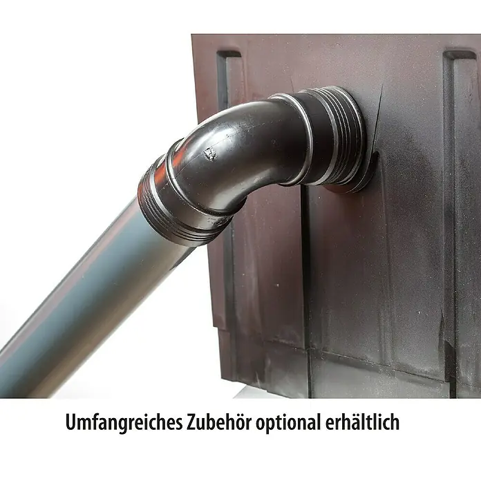 Heissner Durchlauffilter-Set FPU 16000 Eco - Teichgröße: 16 m³ - Detailaufnahme einer schwarzen Kunststoffbox mit einem angeschlossenen grauen PVC-Rohr. Optionales Zubehör erhältlich.