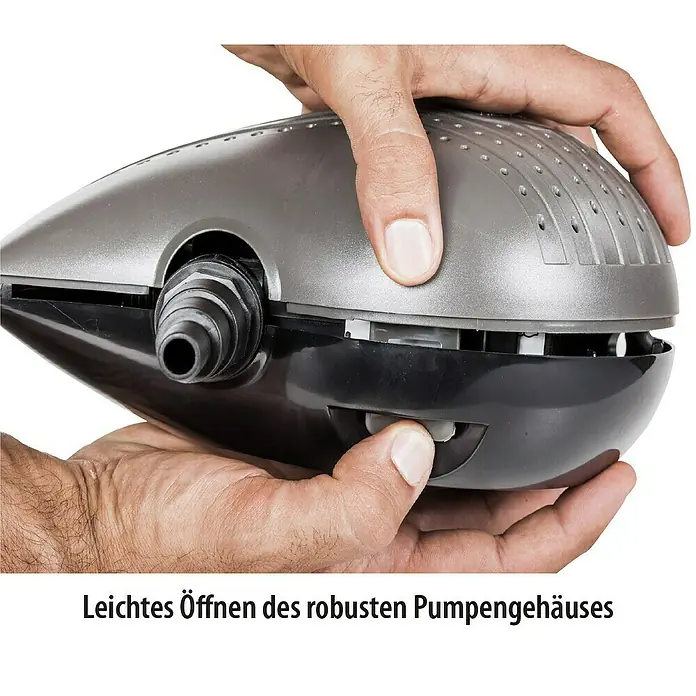 Heissner Durchlauffilter-Set FPU 16000 Eco - Teichgröße: 16 m³ - Detailaufnahme eines geöffneten, robusten Pumpengehäuses, das die einfache Handhabung und Wartung des Produkts hervorhebt.