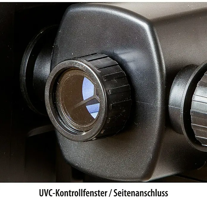 Heissner Durchlauffilter-Set FPU 16000 Eco - Teichgröße: 16 m³ - UVC-Kontrollfenster/Seitenanschluss eines schwarzen UVC-Klärers zur Überprüfung der UV-Lampe und für seitliche Anschlüsse.
