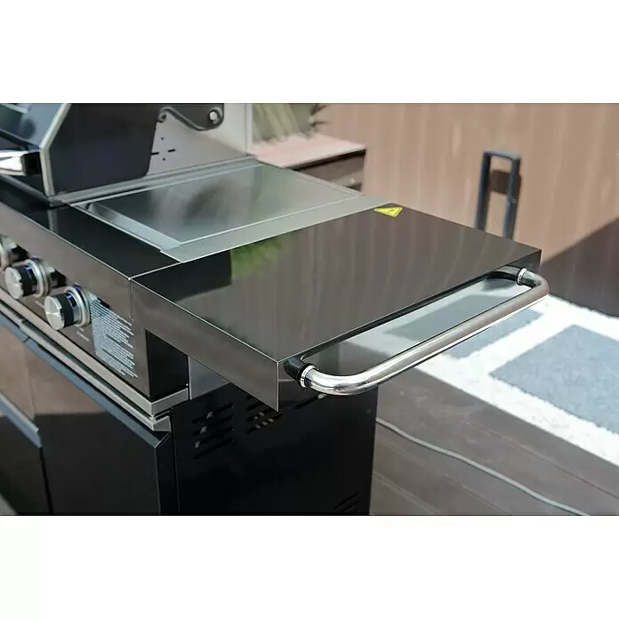 Buschbeck Outdoorküche Cambridge - Schwarz, Material Grillfläche: Edelstahl, Anzahl Brenner: 4 - Eleganter schwarzer Gasgrill mit glänzender schwarzer Seitenablage, Edelstahleinsatz, beleuchteten Knöpfen und poliertem Chromgriff.