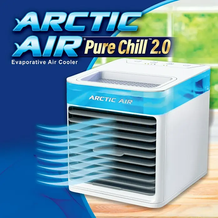 Arctic Air Climatizador evaporativo Pure Chill - L x An x Al: 17,8 x 20 x 24,8 cm - Primer plano del Arctic Air Pure Chill 2.0, un enfriador de aire blanco compacto y portátil con detalles azules.