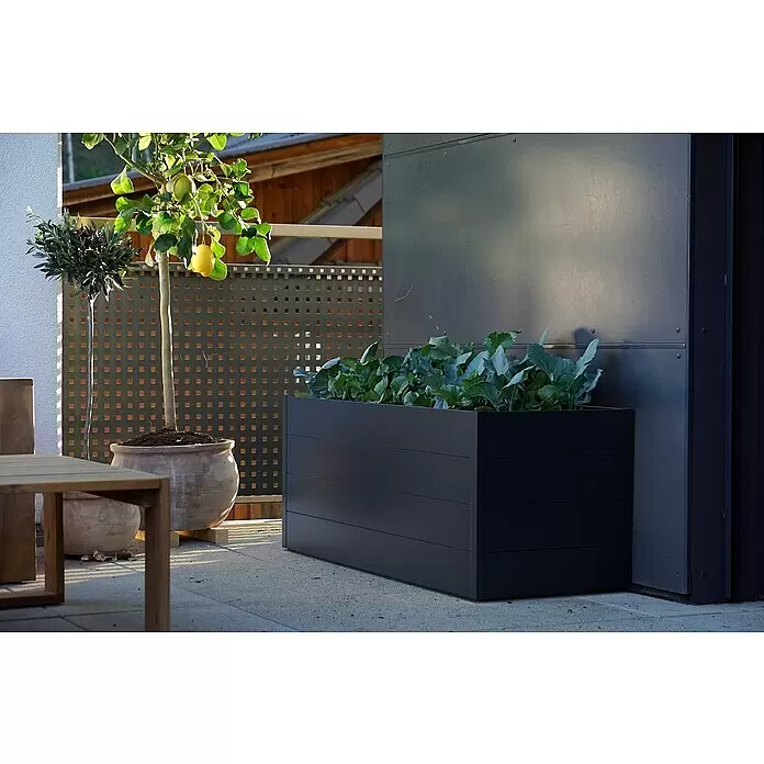 Guardi Hochbeet - 140 x 70 x 76 cm, Metall, Anthrazit - Lange schwarze Metall-Pflanzkiste mit grünen Pflanzen auf einer modernen Terrasse.