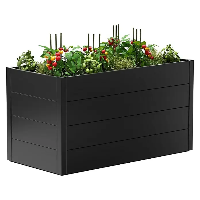 Guardi Hochbeet - 140 x 70 x 76 cm, Metall, Anthrazit - Schwarzes Hochbeet aus Metall mit reifen roten und gelben Tomatenpflanzen und Kräutern für Garten, Balkon oder Terrasse.