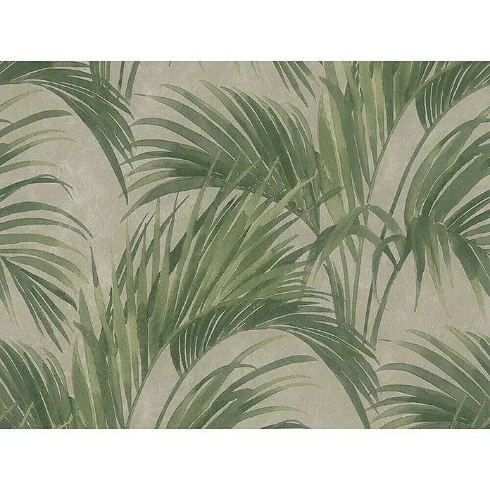 Papel pintado Hoja Palmeras - Verde/Beige, 10 x 0,53 m - Patrón de papel pintado con hojas de palma tropicales verdes sobre un fondo beige, creando un ambiente tranquilo y natural.