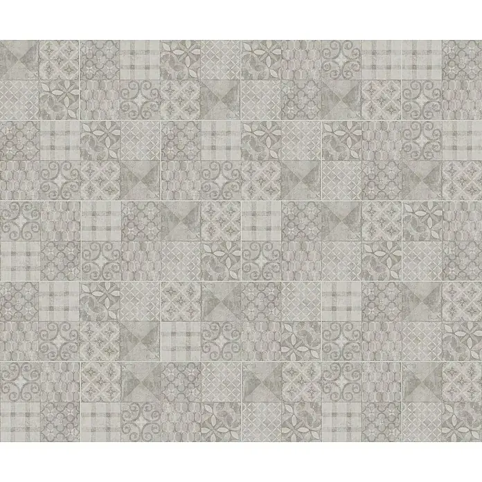 Feinsteinzeugfliese Dekorfliese Twin - 30 x 60 cm, Anthrazit, Matt - Muster aus grauen Fliesen mit verschiedenen ornamentalen Designs, die eine elegante und vielseitige Oberfläche schaffen.