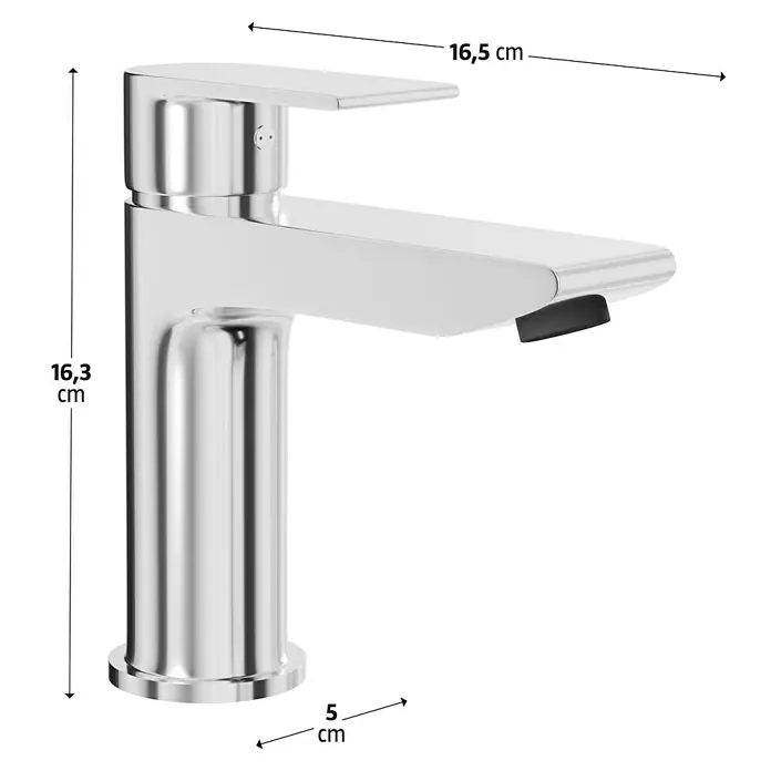 Camargue Waschtischarmatur Flat - Chrom, Glänzend - Abbildung einer modernen Chromarmatur mit klaren Linien und präzisen Abmessungen für Badezimmer oder Küche.