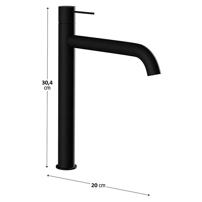 Camargue Waschtischarmatur Milano - Schwarz, Matt, Höhe: 30,4 cm - Produktbild einer schwarzen Armatur mit den Maßen 30,4 cm Höhe und 20 cm Ausladung. Elegantes Design für moderne Badezimmer.