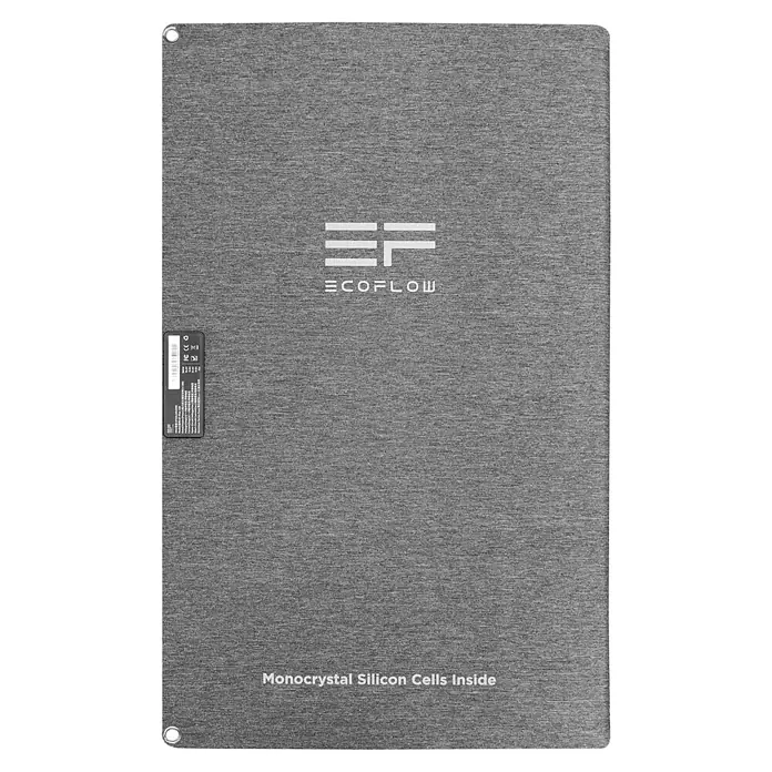 EcoFlow Solarmodul faltbar - L x B x H: 157 x 68 x 2,4 cm, 160 W - Graues EcoFlow Solarmodul mit dem Logo in der Mitte und der Aufschrift "Monokristalline Siliziumzellen innen" am unteren Rand.
