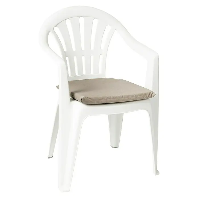 Cojín para asiento - Tierra, L x An x Al: 40 x 40 x 3,5 cm, 70% algodón 30% poliéster - Silla de jardín de plástico blanco con cojín de asiento beige, ideal para uso exterior. Duradera y resistente a la intemperie.
