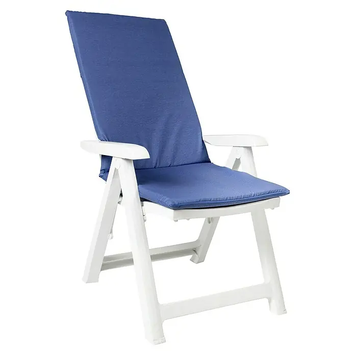 Cojín para asiento de posiciones - Azul, L x An x Al: 120 x 50 x 3,5 cm, Composición del material de la funda: 70% algodón 30% poliéster - Silla de jardín blanca con cojín azul para horas de relax al aire libre. La silla ideal para jardín, balcón o terraza.