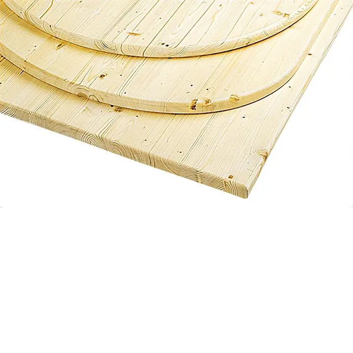 Rettenmeier Tablero de mesa - Diámetro: 110 cm, Espesor: 2,8 cm, Abeto rojo, Redonda - Primer plano de tres tableros redondos de madera clara sin tratar con vetas visibles.