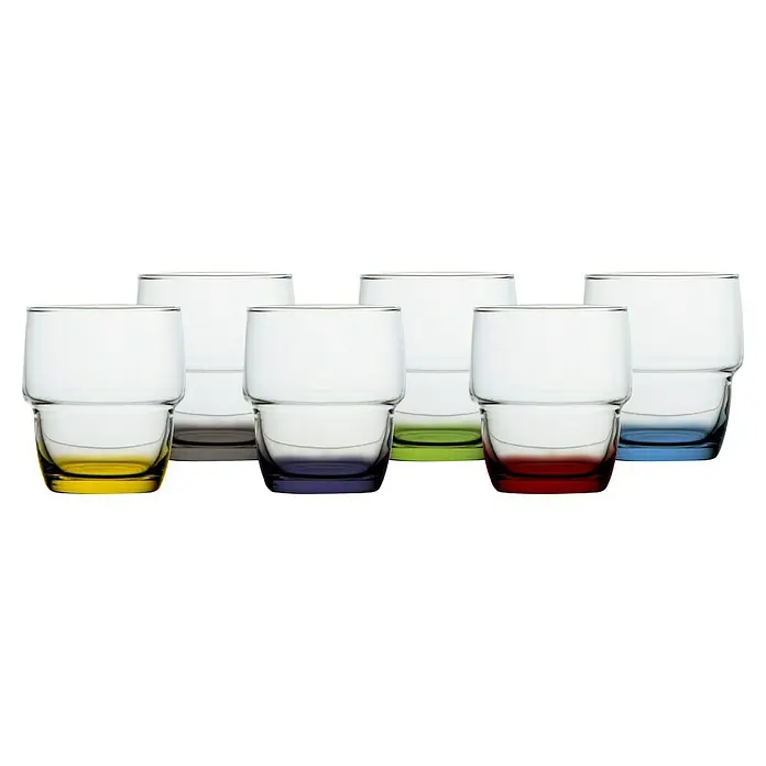 Marine Business Party Vaso para beber refresco - Ø x Al: 7,8 x 9 cm, 6 ud., Antideslizante - Siete vasos de bebida coloridos con un diseño escalonado. Los vasos son de color amarillo, gris, púrpura, verde, rojo y azul en la parte inferior.