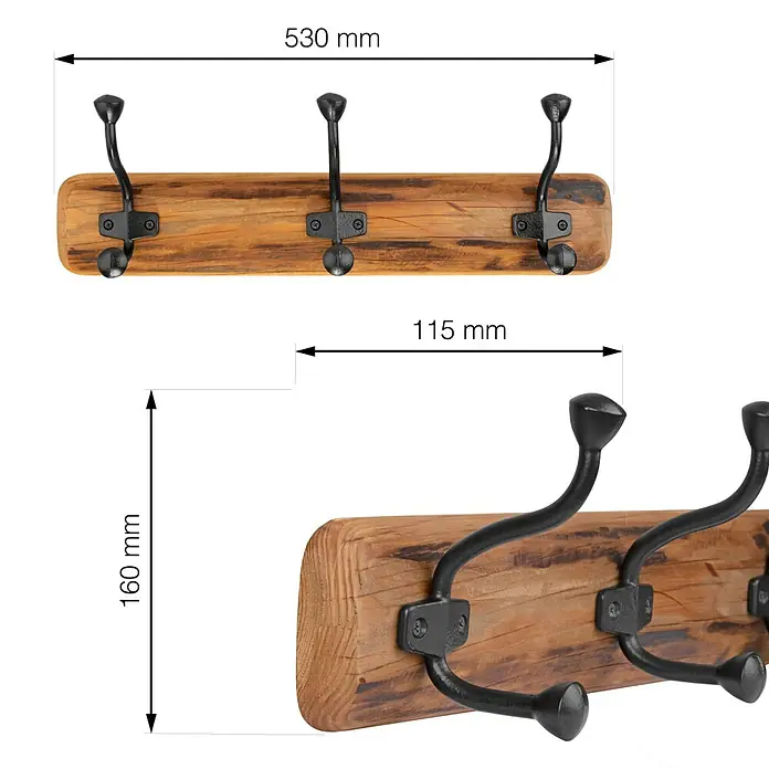 Walteco Hakenleiste - L x B x H: 530 x 115 x 160 mm, Anzahl Haken: 3 Stk., Holz - Ansichten einer Garderobe mit drei Haken und den Abmessungen 530 x 160 x 115 mm. Rustikaler Look mit Holz und Metall.