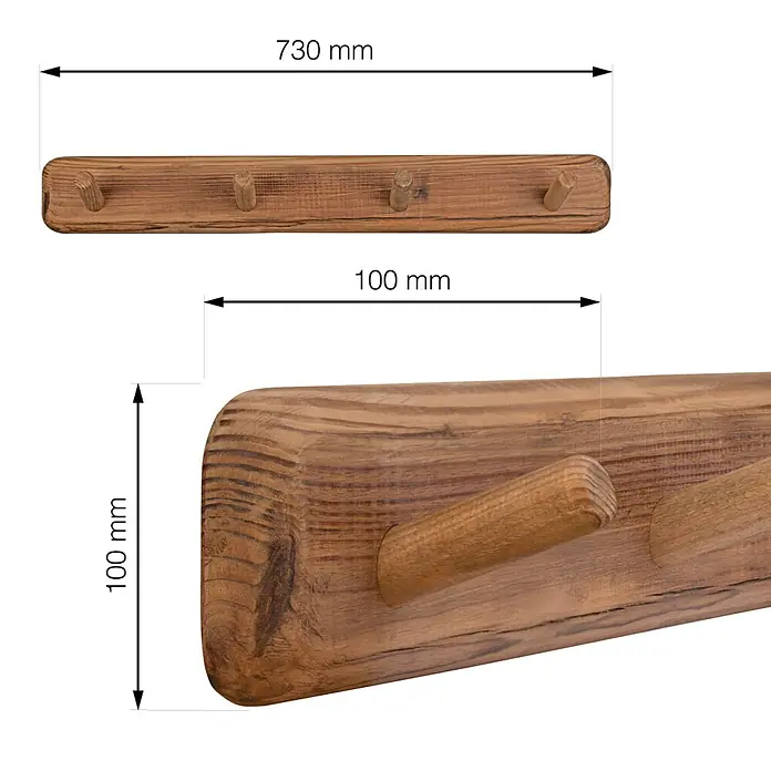 Walteco Hakenleiste - L x B x H: 730 x 99 x 100 mm, Anzahl Haken: 4 Stk., Holz - Abmessungen der rustikalen Holzwandgarderobe mit vier Haken: 730 mm Breite, 100 mm Höhe und Tiefe.
