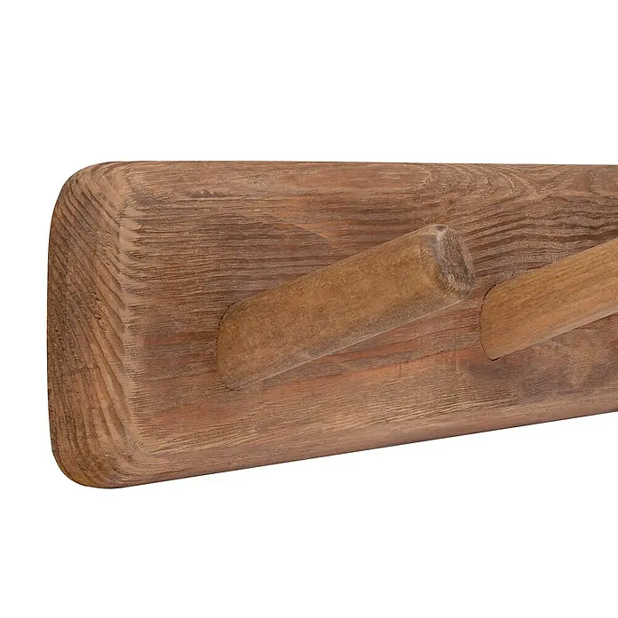 Walteco Hakenleiste - L x B x H: 525 x 99 x 100 mm, Anzahl Haken: 3 Stk., Holz - Nahaufnahme eines rustikalen Holz-Wandgarderobenständers mit zwei runden Haken, ideal für Landhaus-Dekor.