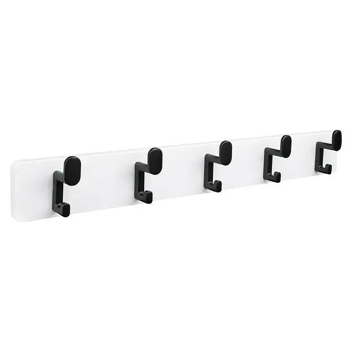 Walteco Hakenleiste - L x B x H: 550 x 55 x 80 mm, Anzahl Haken: 5 Stk., Weiß, Schwarz - Elegante Garderobenleiste mit fünf schwarzen Haken auf einer weißen Halterung, ideal für Flur oder Büro. Praktisch und stilvoll.