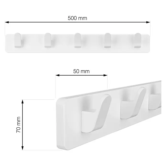 Walteco Hakenleiste - L x B x H: 550 x 55 x 70 mm, Anzahl Haken: 5 Stk., Weiß - Eine weiße Wandgarderobe mit fünf Haken und Maßangaben für Länge (500 mm), Tiefe (50 mm) und Höhe (70 mm).