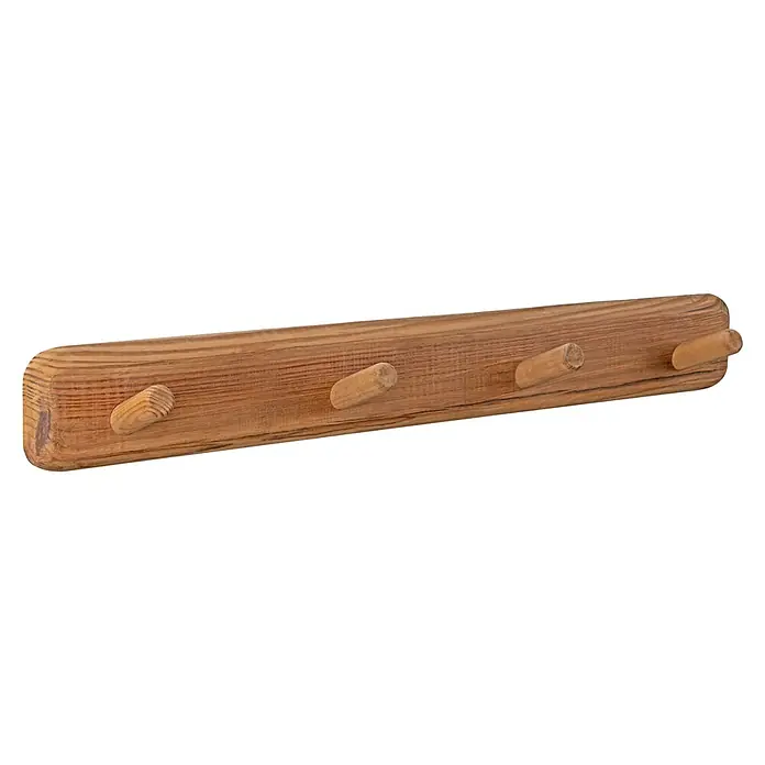 Walteco Hakenleiste - L x B x H: 730 x 99 x 100 mm, Anzahl Haken: 4 Stk., Holz - Nahaufnahme einer hölzernen Wandgarderobe mit vier Haken. Ideal zur Aufbewahrung von Jacken und Accessoires im Flur oder Schlafzimmer.