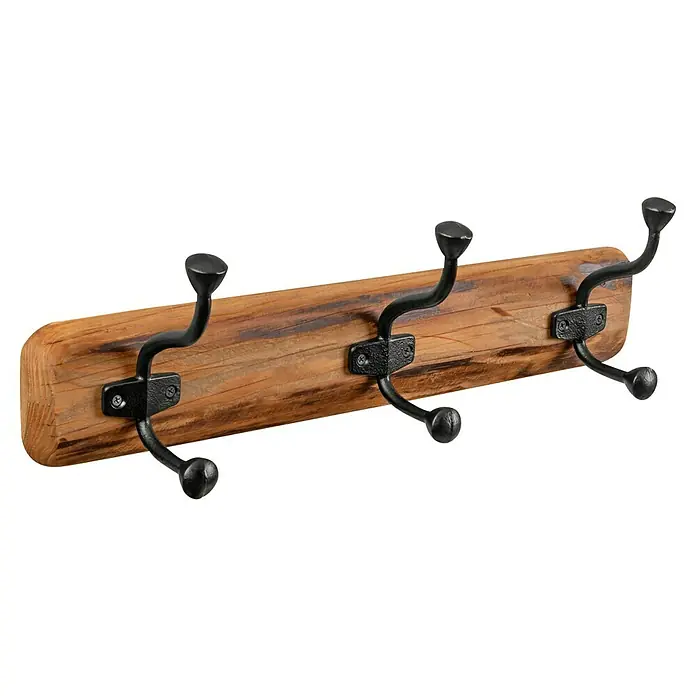 Walteco Hakenleiste - L x B x H: 530 x 115 x 160 mm, Anzahl Haken: 3 Stk., Holz - Wandgarderobe aus Holz mit drei schwarzen Haken.