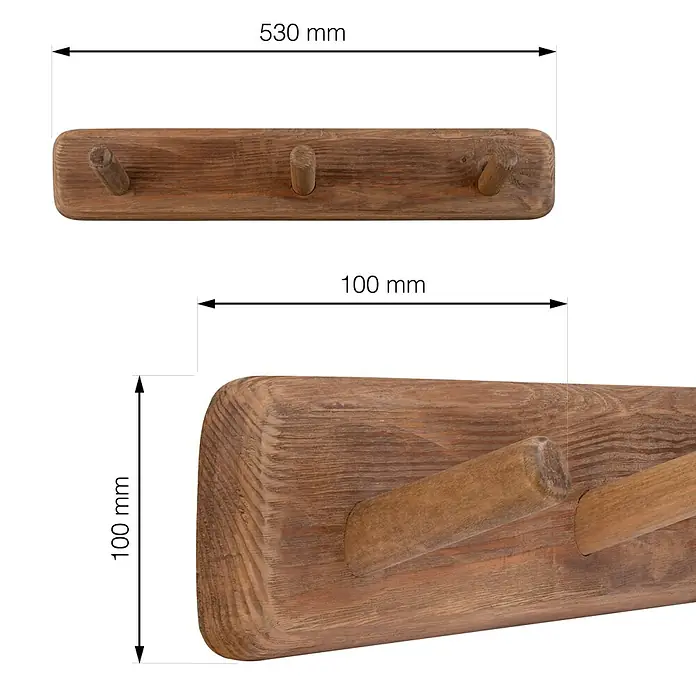 Walteco Hakenleiste - L x B x H: 525 x 99 x 100 mm, Anzahl Haken: 3 Stk., Holz - Holzgarderobe mit drei Haken und den Maßen 530x100 mm zur Wandmontage. Rustikaler Stil für Jacken und mehr.