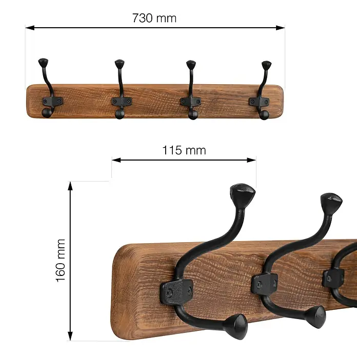 Walteco Hakenleiste - L x B x H: 730 x 160 x 115 mm, Anzahl Haken: 4 Stk., Holz - Wandgarderobe mit fünf Haken aus Holz und Metall. Praktisch und stilvoll für jeden Raum.