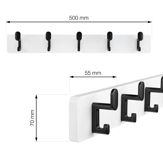Walteco Hakenleiste - L x B x H: 550 x 55 x 80 mm, Anzahl Haken: 5 Stk., Weiß, Schwarz - Abbildung einer weißen Wandgarderobe mit fünf schwarzen Haken und Maßangaben für Länge, Höhe und Tiefe.