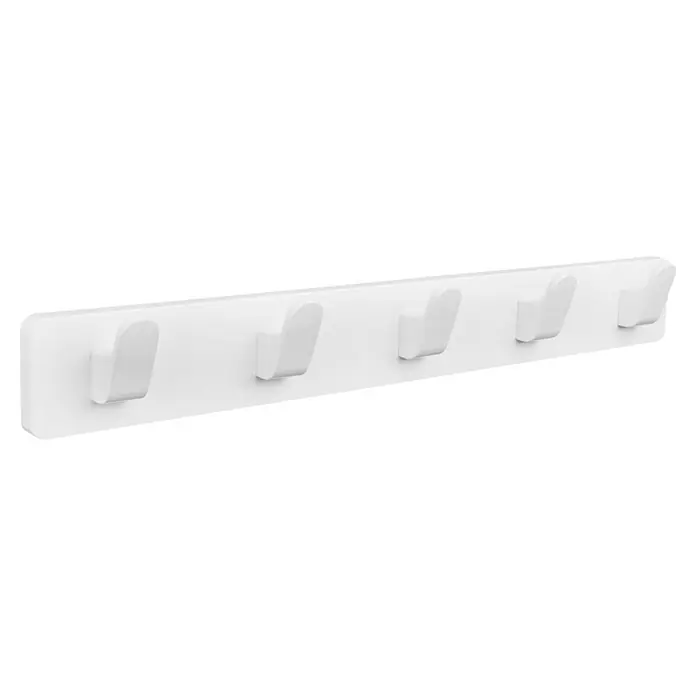 Walteco Hakenleiste - L x B x H: 550 x 55 x 70 mm, Anzahl Haken: 5 Stk., Weiß - Nahaufnahme einer weißen Garderobenleiste mit fünf Haken an einer Wand, die eine elegante und funktionale Aufbewahrungslösung bietet.