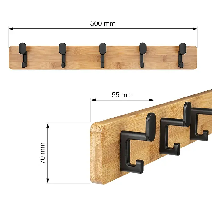 Walteco Hakenleiste - L x B x H: 550 x 55 x 80 mm, Anzahl Haken: 5 Stk., Braun - Wandgarderobe aus Bambus mit fünf schwarzen Haken und Maßangaben für Länge, Breite und Tiefe.
