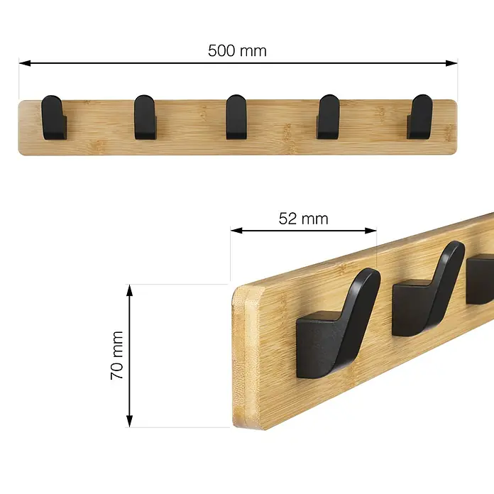 Walteco Hakenleiste - L x B x H: 550 x 55 x 70 mm, Anzahl Haken: 5 Stk., Braun - Wandgarderobe aus Holz mit fünf schwarzen Haken und Maßangaben für Breite, Höhe und Tiefe.