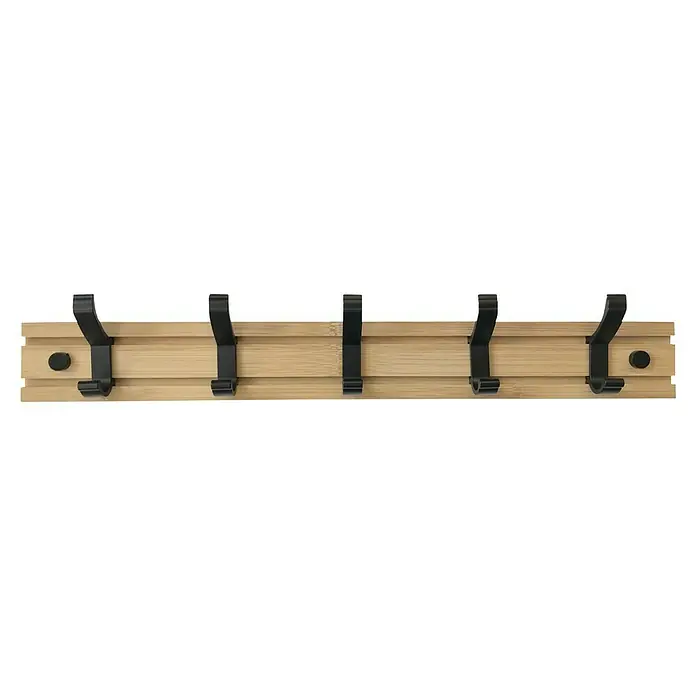 Walteco Hakenleiste - L x B x H: 500 x 45 x 80 mm, Anzahl Haken: 5 Stk., Holz - Eine Wandgarderobe aus hellem Holz mit fünf schwarzen Metallhaken und zwei runden Knöpfen zur Befestigung. Praktisch und stilvoll.
