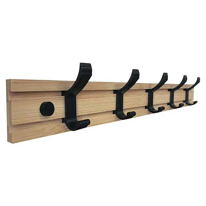 Walteco Hakenleiste - L x B x H: 500 x 45 x 80 mm, Anzahl Haken: 5 Stk., Holz - Eine hölzerne Kleiderleiste mit schwarzen Haken. Ideal für Jacken, Hüte und andere Accessoires. Praktische Wandgarderobe zur Aufbewahrung.