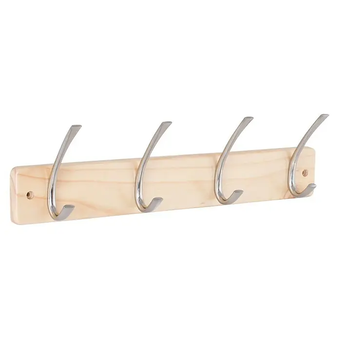 Walteco Hakenleiste - L x B x H: 450 x 80 x 130 mm, Anzahl Haken: 4 Stk., Holz - Garderobenleiste aus hellem Holz mit vier silberfarbenen Kleiderhaken zum Aufhängen von Jacken und Mänteln im Flur oder Ankleidezimmer.