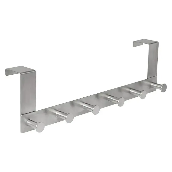 Walteco Türhaken - L x B x H: 388 x 65 x 113 mm, Edelstahl, Anzahl Haken: 6 Stk. - Eine Türgarderobe aus Metall mit sieben Haken und einem Bügel zum Einhängen über der Tür. Praktisch für zusätzlichen Stauraum.