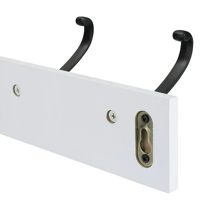 Walteco Hakenleiste - L x B x H: 450 x 90 x 100 mm, Anzahl Haken: 4 Stk., MDF - Detailansicht einer weißen Wandgarderobe mit zwei schwarzen Haken und Befestigungselementen für die Wandmontage.