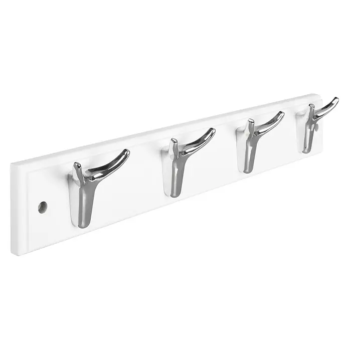 Walteco Hakenleiste - L x B x H: 450 x 46 x 75 mm, Anzahl Haken: 4 Stk., MDF - Weiße Wandgarderobe mit vier modernen, silberfarbenen Haken für Jacken, Mäntel und Hüte. Praktisch und stilvoll für jeden Flur.