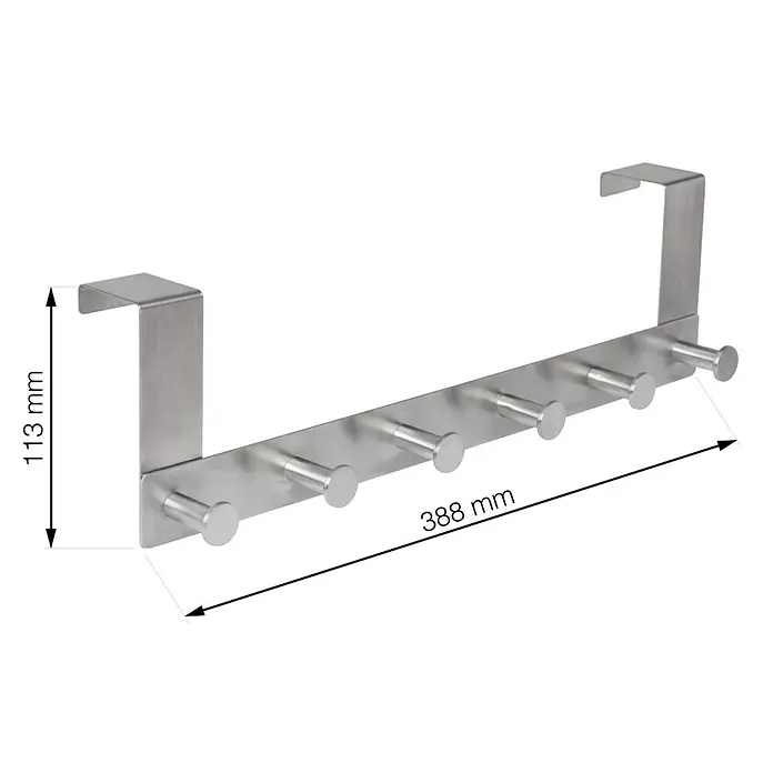 Walteco Türhaken - L x B x H: 388 x 65 x 113 mm, Edelstahl, Anzahl Haken: 6 Stk. - Türgarderobe aus Metall mit 7 Haken. Die Türgarderobe in Silber ist 388 mm breit und 113 mm hoch. Praktische Aufbewahrungslösung.
