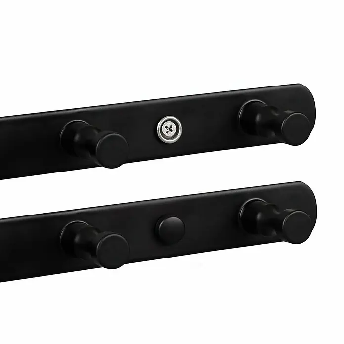 Walteco Hakenleiste - L x B x H: 300 x 40 x 25 mm, Anzahl Haken: 4 Stk., Edelstahl - Diese Aufnahme zeigt zwei elegante, schwarze Wandgarderoben mit jeweils zwei Haken und einem Knopf bzw. einer Schraube zur Befestigung.
