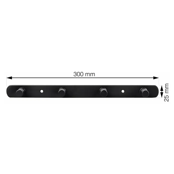 Walteco Hakenleiste - L x B x H: 300 x 40 x 25 mm, Anzahl Haken: 4 Stk., Edelstahl - Abmessungen einer schwarzen Wandgarderobe mit fünf Haken, die 300 mm breit und 25 mm hoch ist. Ideal für Jacken, Handtücher oder Schlüssel.