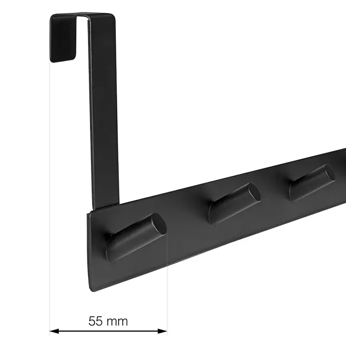 Walteco Türhaken - L x B x H: 400 x 55 x 132 mm, Metall, 4 Stk. - Schwarzer Türhakenleiste mit drei Haken und Größenangabe (55 mm).