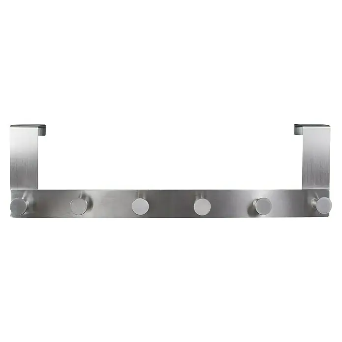 Walteco Türhaken - L x B x H: 388 x 65 x 113 mm, Edelstahl, Anzahl Haken: 6 Stk. - Silberner Türhänger mit fünf runden Haken. Eine praktische und stilvolle Lösung für zusätzlichen Stauraum im Haus, ideal für Jacken und Handtücher.